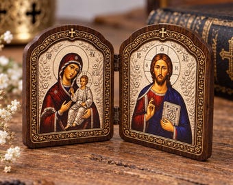 Orthodox Diptych Icon 2 x 2.4 in, Mother of God & Christ Savior, Wooden Icon