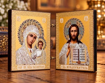 Kazan Mother of God Folding Icon 1.6 x 2 in, Savior Diptych, Pocket Icon