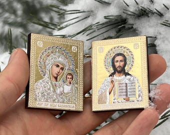Wooden Folding Icon 1.6×2 inch, Kazan Mother of God, Jesus Christ Savior, Orthodox Icon, Pocket Icon, Christian Gift, Prayer Travel Icon