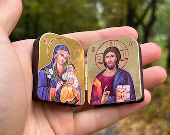 Icono díptico de Jesucristo y la Madre de Dios, 2x1.6 pulgadas
