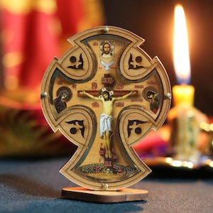 Handmade Wooden Orthodox Cross with Crucifix Icon | Christian Religious Decor | Eastern Orthodox Gift | Tabletop Icon