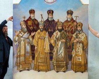Icon of selected saints, icon on canvas, oil icon, full-length icon of saints, academic style icon, painting of saints, selected saints