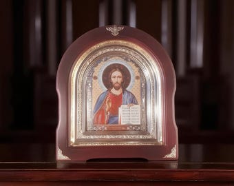 Orthodox icon of Jesus Christ in a wooden frame, 21х24 cm, Arch Wooden icon, Icon under glass, Icon Orthodoxy Jesus Christ King.