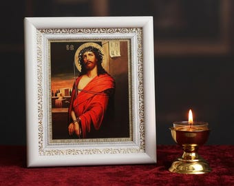 Orthodox Icon Jesus Christ 15x18 cm in White Wooden Kiot 21x24 cm, Hanging Icon, Orthodox Christian Gift, Icon in a Frame