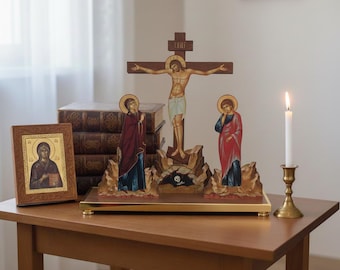 Wooden Tabletop Crucifix 17 in, Golgotha Cross, Orthodox Crucifix, Jesus Christ Cross, Religious Decor, Prayer Corner Cross