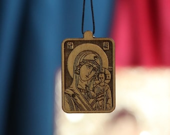 Orthodox Wooden Pendant – Icon of Theotokos with Christ – Burned Wood Necklace – Blessed Christian Medal, Crucifixes crosses, Wood cross
