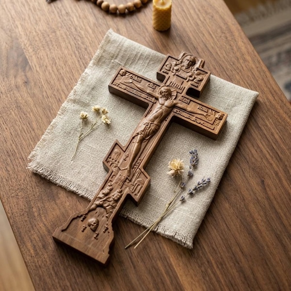 Wooden Orthodox Crucifix, 7.9-19.7in Beech Wood Wall Cross, Hand Carved Jesus