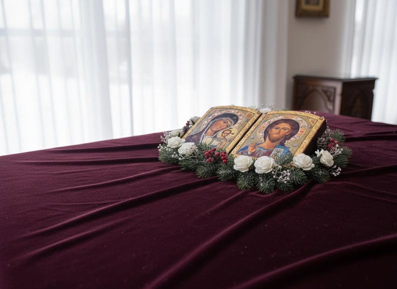 May include: Two religious icons with gold frames, depicting figures with halos, are displayed on a burgundy velvet surface. The icons are surrounded by a wreath of white roses, greenery, and red berries. The background includes a window with sheer curtains.