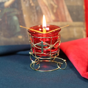Red Glass Oil Lamp in Metal Stand 2in  – Orthodox Candle Holder for Prayer, Aromatherapy, Altar Decor, Christian Gift, Orthodox prayer
