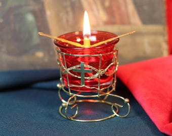 Red Glass Oil Lamp in Metal Stand 2in  – Orthodox Candle Holder for Prayer, Aromatherapy, Altar Decor, Christian Gift, Orthodox prayer