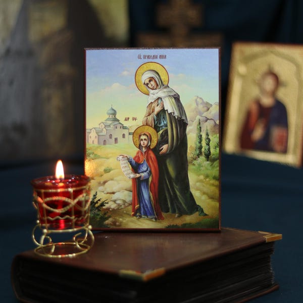 Icona di Sant'Anna Giusta, icona ortodossa in legno, decorazione cristiana da parete.