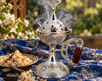 Orthodox Incense Burner Brass 16 cm / 6.3 in with Incense & Charcoal Set