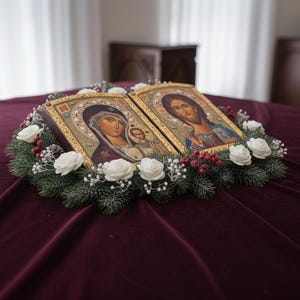 May include: Two religious icons, featuring images of religious figures, are adorned with white roses, red berries, and evergreen branches. The icons rest on a deep burgundy velvet surface, creating a serene and reverent display.