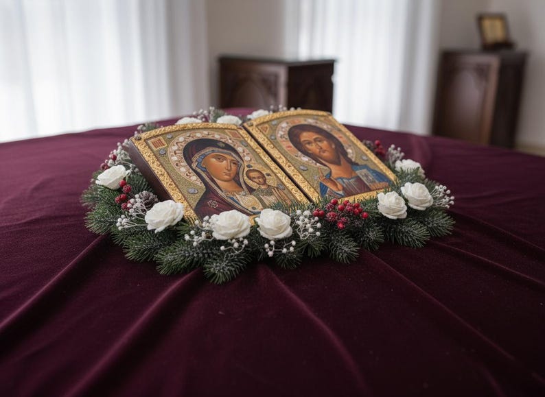 May include: Two religious icons, featuring images of religious figures, are adorned with white roses, red berries, and evergreen branches. The icons rest on a deep burgundy velvet surface, creating a serene and reverent display.