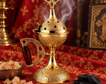 Orthodox Incense Burner Brass 16 cm / 6.3 in with Incense & Charcoal Set
