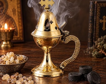 Orthodox Incense Burner Brass 12 cm, 50g Incense & 10 Charcoal Tablets