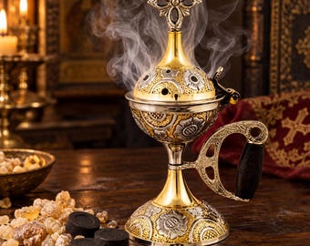 Orthodox Incense Burner Brass 16 cm / 6.3 in with Incense & Charcoal Set
