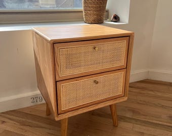 Solid Red Oak Bedside Table with Handwoven Rattan Drawer