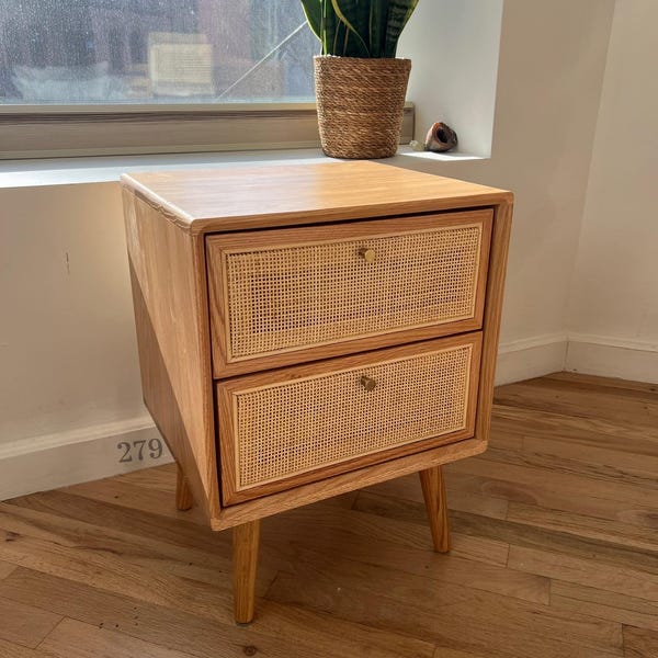 Solid Red Oak Bedside Table with Handwoven Rattan Drawer