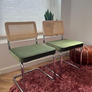 Set of 2 Green Velvet Mid Century Modern Dining Chairs MCM wood / rattan for dining table