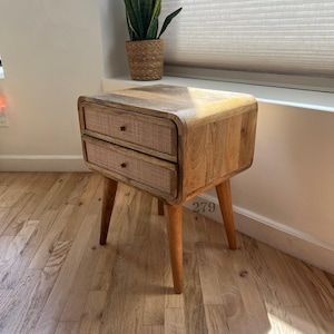 Solid Wood Nightstand, Natural Rattan Drawer Front Bedside Table