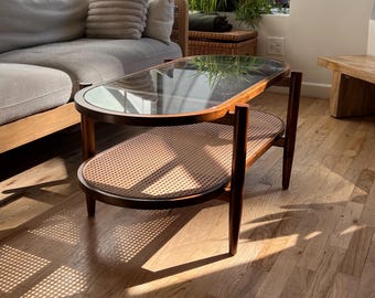 Mid-Century Rattan & Glass Coffee Table Oval Two-Tier Design