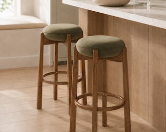 Bar Stool Set of 2, Backless Green Velvet with Walnut Wood Legs