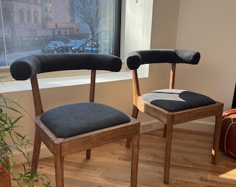 Mid Century Modern Solid Wood Dining Chairs - Navy Upholstery Set of 4