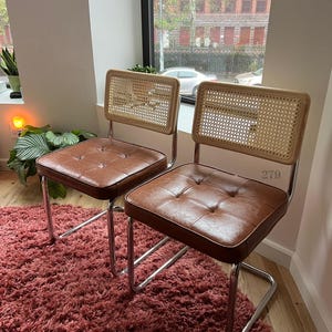 Set of 2 Dining chairs Mid Century Modern Wood / Rattan brown MCM for dining table