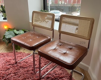 Set of 2 Dining chairs Mid Century Modern Wood / Rattan brown MCM for dining table
