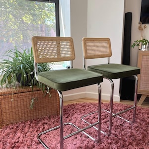 May include: Two green velvet bar stools with cane backs and chrome frames. The stools are on a pink shag rug.