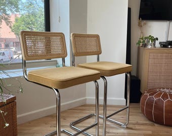 Set of 2 Yellow Velvet Counter Height Bar Stools Mid Century Modern MCM Wood / Rattan for Kitchen Island