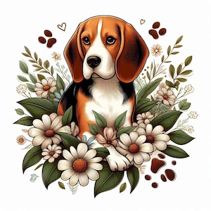 May include: A beagle dog with brown and white fur sits in a bed of white flowers with green leaves. The dog has brown eyes and a black nose. The flowers are surrounded by brown paw prints.