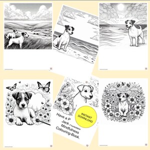 Könnte beinhalten: Eine Sammlung von Schwarz-Weiß-Malvorlagen mit Jack Russell Terriern. Die Illustrationen zeigen die Hunde in verschiedenen Umgebungen im Freien, darunter Felder, Strände und Blumenarrangements. Einige Seiten zeigen Schmetterlinge und Bienen.