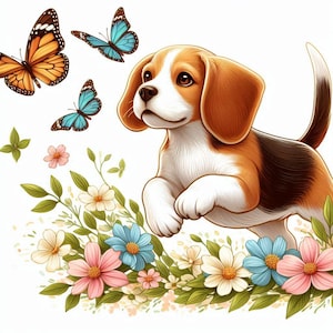 May include: A brown and white beagle puppy with floppy ears is jumping in front of a bouquet of colorful flowers. The flowers are pink, white, blue, and yellow. There are also three blue and orange butterflies flying around the puppy.
