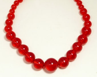 Vintage Red Prystal Lucite Bead Necklace Rhinestone Clasp