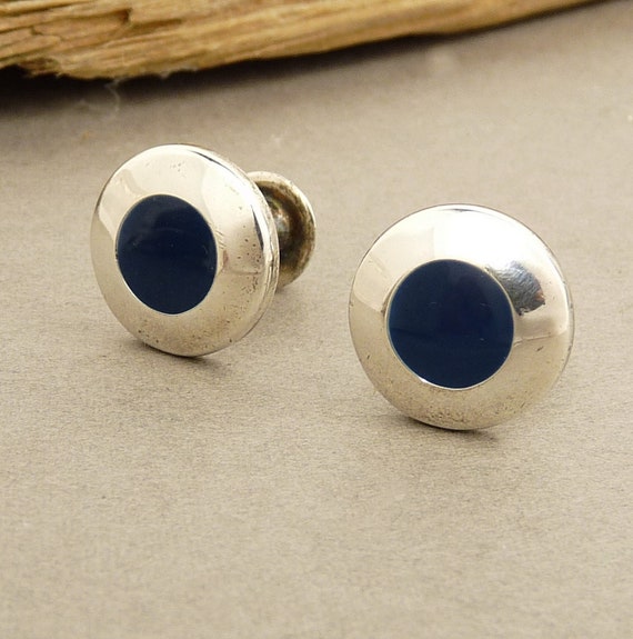 Sterling 925 & Blue Enamel Cufflinks Cuff Buttons - image 3