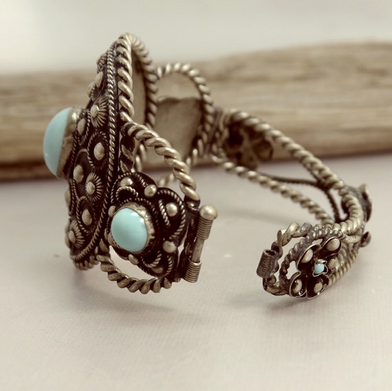 Vintage Alpaca Silver & Faux Turquoise Cuff Bangl… - image 6