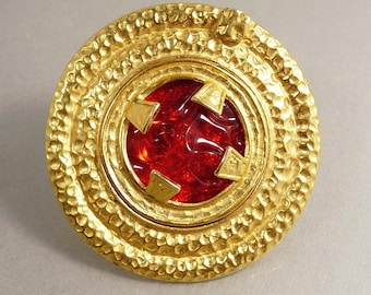 Vintage Robert Rose Brooch Etruscan Inspired Gold & Red