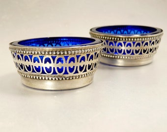 Pr Webster Sterling & Cobalt Glass Salt Cellars Vintage Dining