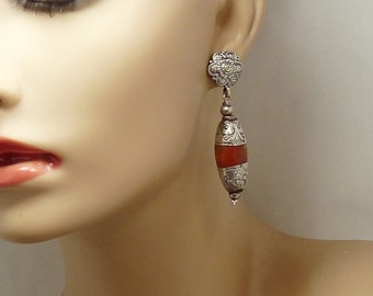 Ethnic Tribal Sterling 925 & Carnelian Earrings Boho Jewelry