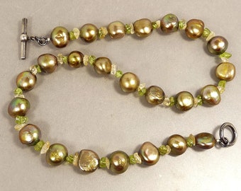 Sage Green Nugget Pearl & Peridot Necklace Sterling Clasp