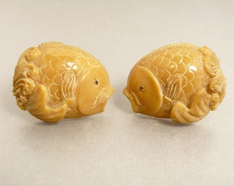 Vintage Boxwood Koi Fish Earrings Clip Back Earring Statement Jewelry