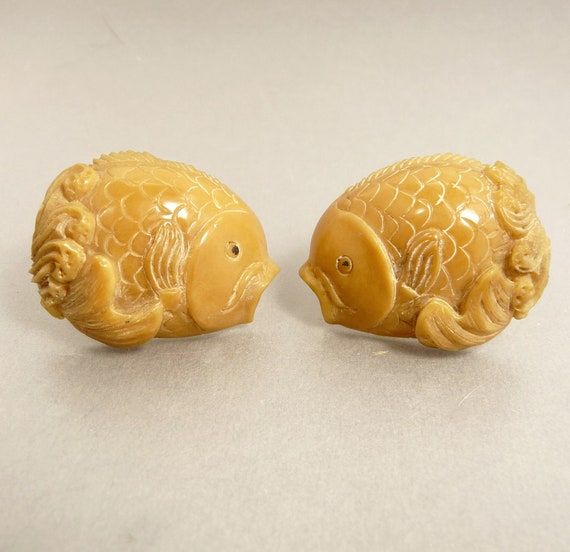 Vintage Boxwood Koi Fish Earrings Clip Back Earri… - image 1