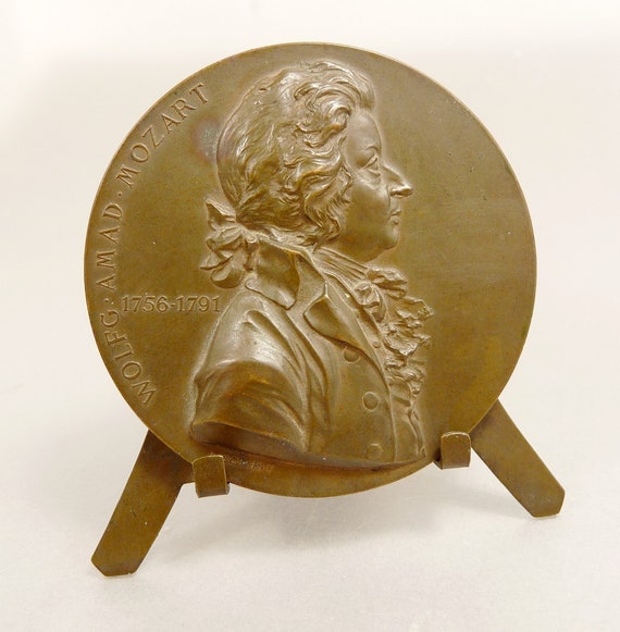Antique Bronze Wolfgang Mozart Plaque Medal on Stand 2 Sided