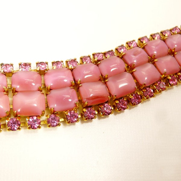 Pink Moonstone Rhinestone Bracelet Vintage Jewelry