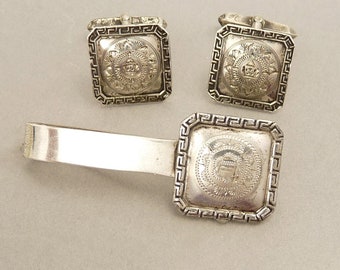 Vintage Mexico Sterling 925 Cufflinks & Tie Bar Aztec Design
