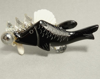 1980s Wendy Gell Brooch Black Onyx Bubble Fish