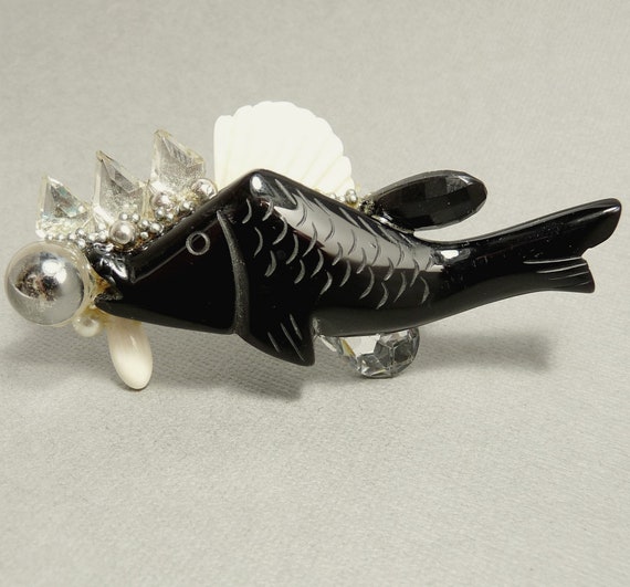 1980s Wendy Gell Brooch Black Onyx Bubble Fish - image 1