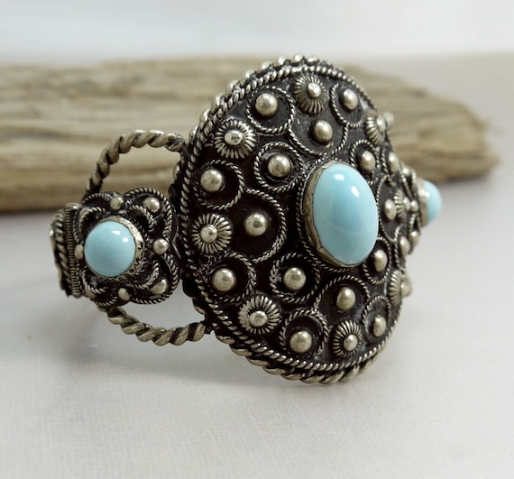 Vintage Alpaca Silver & Faux Turquoise Cuff Bangl… - image 1